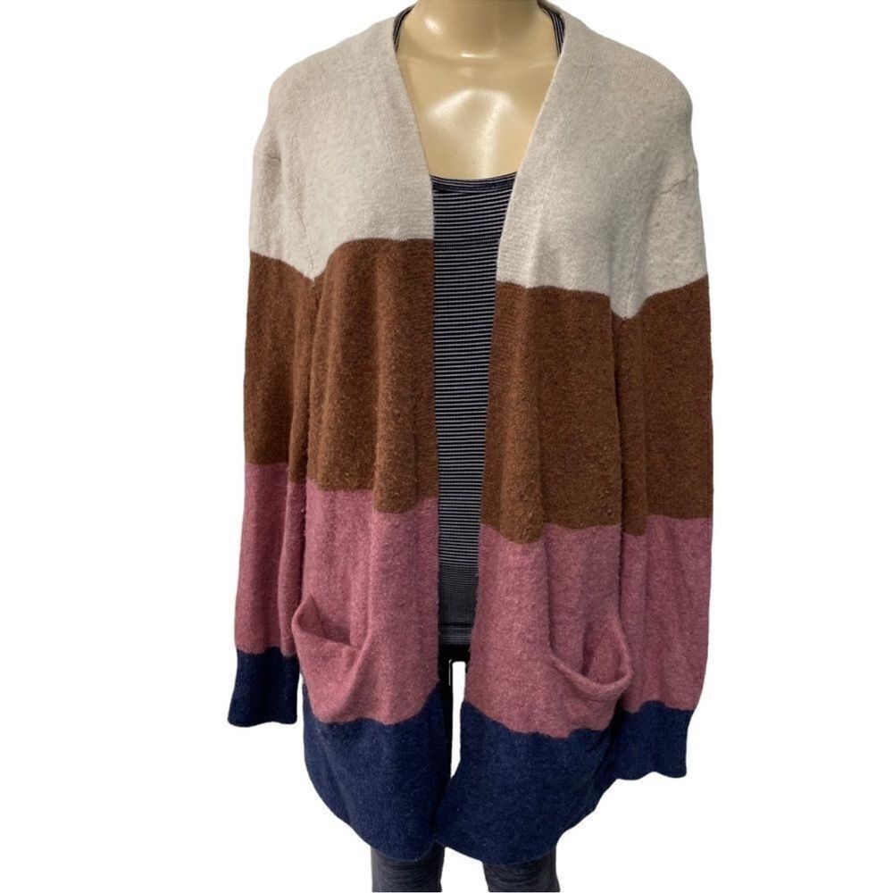 MADEWELL Kent Striped Colorblock Long Cardigan merino wool open knit sweater